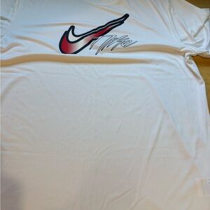 Nike White Tee with Red and Black Swoosh